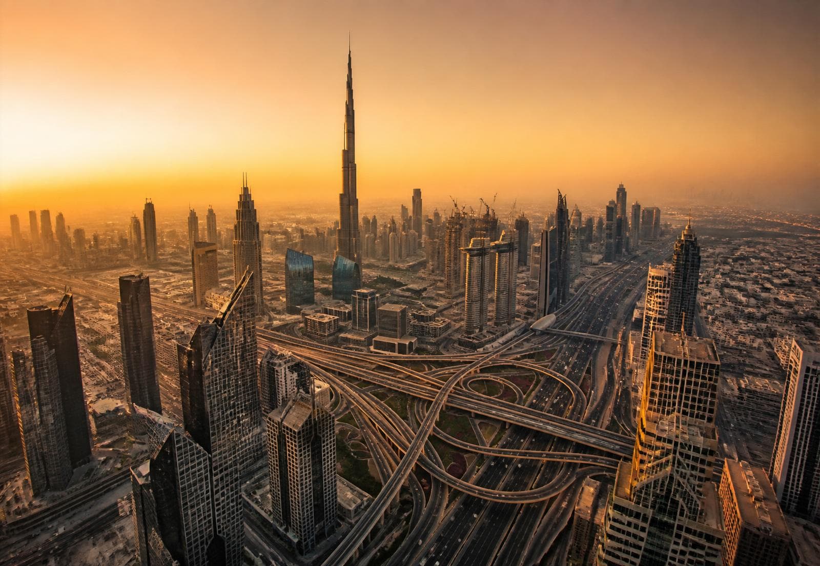 Dubai highway interchange at sunset
